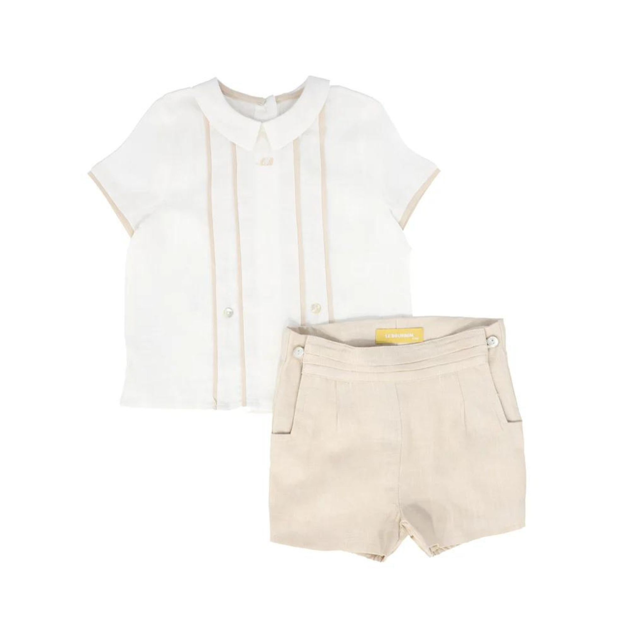 LE BOURDON WHITE/TAN PLEATED DETAIL 2 PC BABY SET