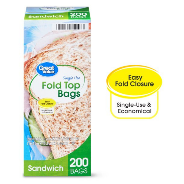 Great Value Fold Top Sandwich Bags - 200ct