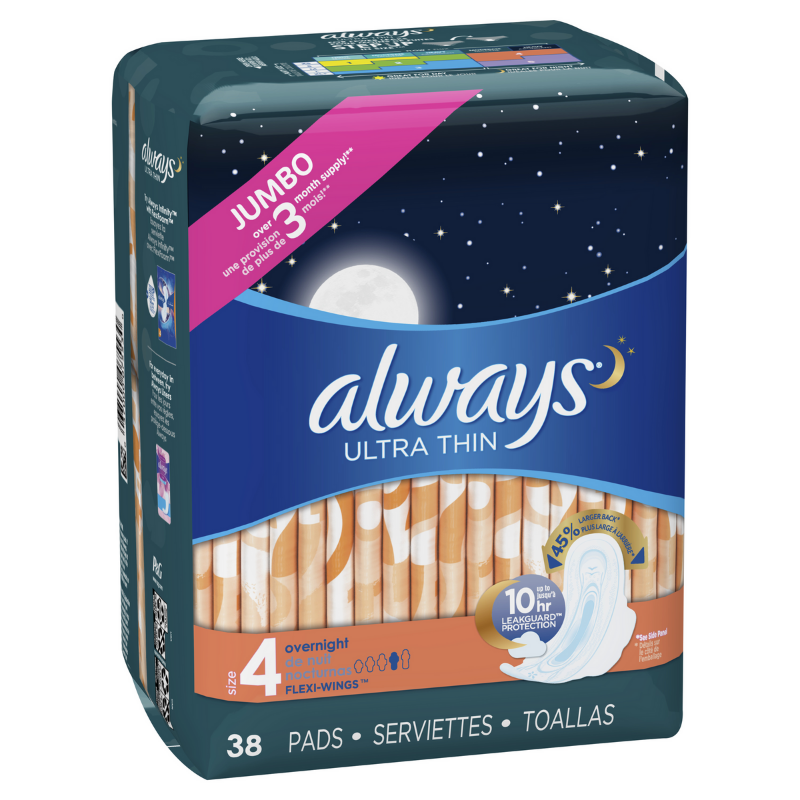 Always Ultra Thin Overnight Pads with Wings - 36ct